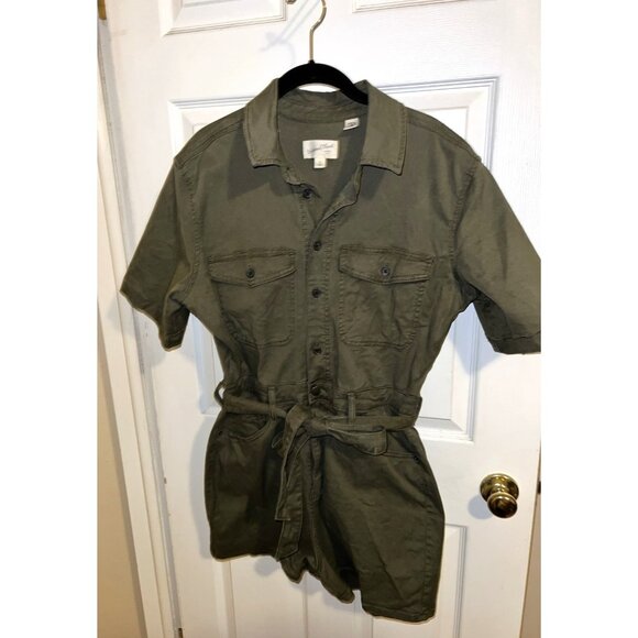 UNIVERSAL THREAD Stretch Olive Cotton Lyocell Short Sleeve Button Romper Sz 10 - Picture 1 of 12
